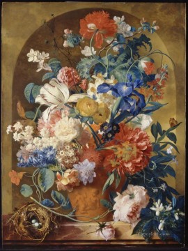 Bodegón de flores en un jarrón de terracota ante un nicho de flores clásicas de Jan van Huysum Pinturas al óleo